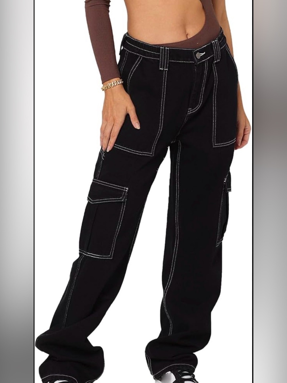 BDG Black Cargo Wide-Leg Jeans with Contrast Stitching
